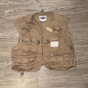 Vtg Berkley Fly Fishing Vest Photography Tan Beige Pockets Zip Sz Mens XL